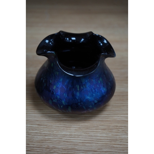 407 - A Loetz cobalt Papillon iridescent glass footed hexagonal bowl, a Kralik blue iridescent vase and a ... 