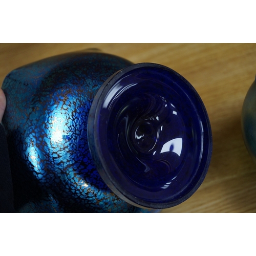 407 - A Loetz cobalt Papillon iridescent glass footed hexagonal bowl, a Kralik blue iridescent vase and a ... 