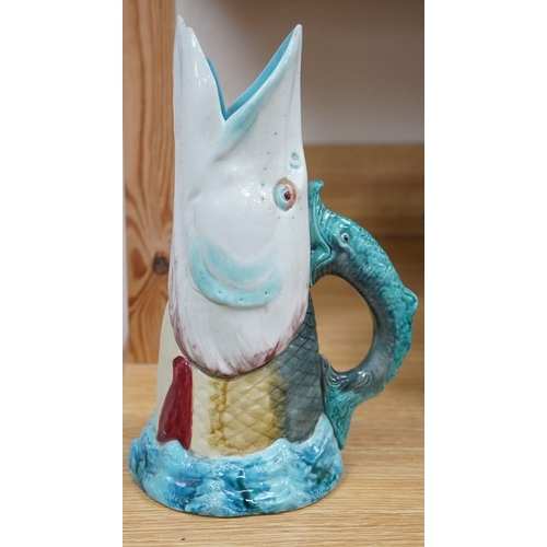 408 - A Victorian Royal Worcester majolica trout head jug, 30cm high. Condition- loss to mouth