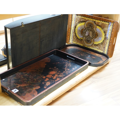 409 - Three trays to include a butterfly wing example and a Japanese lacquered example decorated with bird... 