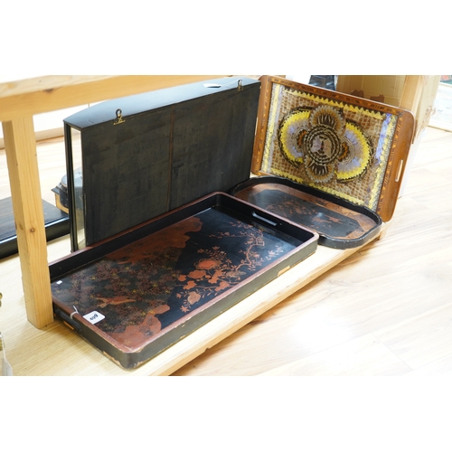 409 - Three trays to include a butterfly wing example and a Japanese lacquered example decorated with bird... 