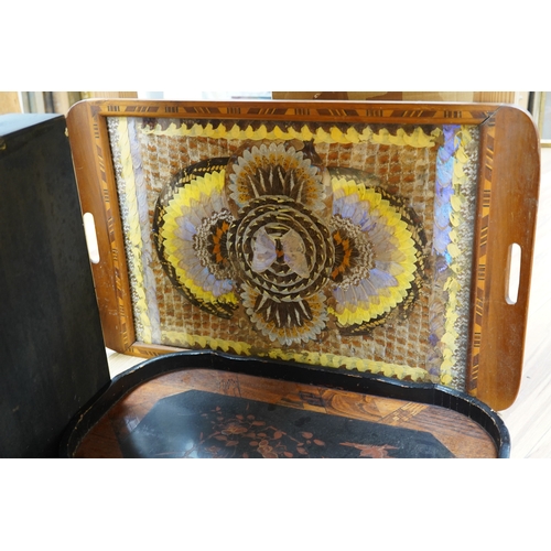 409 - Three trays to include a butterfly wing example and a Japanese lacquered example decorated with bird... 