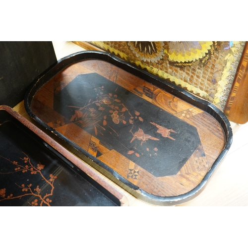 409 - Three trays to include a butterfly wing example and a Japanese lacquered example decorated with bird... 