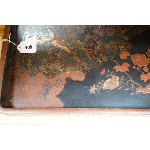 409 - Three trays to include a butterfly wing example and a Japanese lacquered example decorated with bird... 