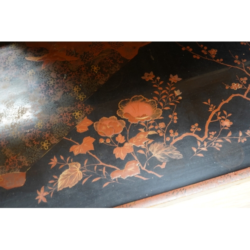 409 - Three trays to include a butterfly wing example and a Japanese lacquered example decorated with bird... 