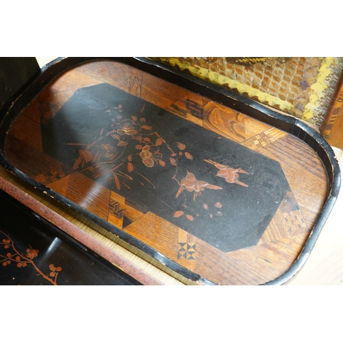 409 - Three trays to include a butterfly wing example and a Japanese lacquered example decorated with bird... 