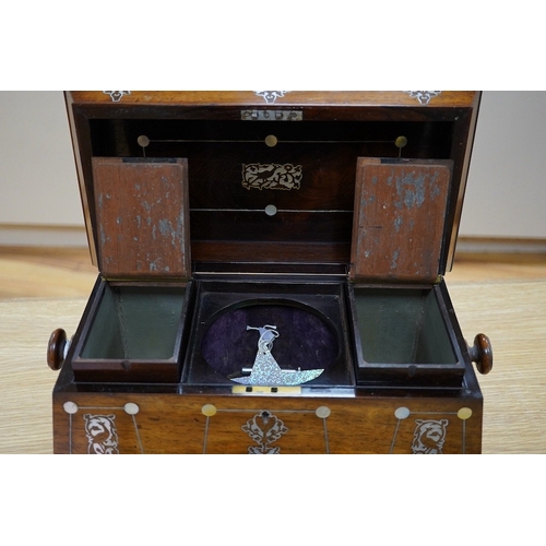 415 - A Victorian rosewood and mother-of-pearl inlaid sarcophagus tea caddy, 39cm wide. Condition - fair... 