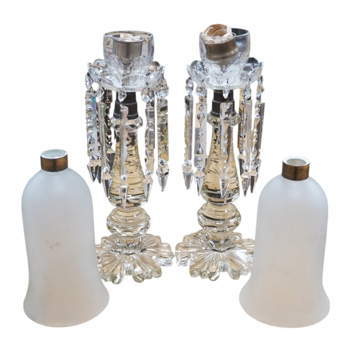 418 - A large pair of French 19th century glass lustre drop storm lights with frosted shades, overall 66cm... 