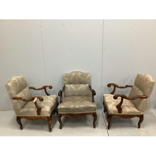 43 - A set of three 18th century style carved walnut  beech armchairs, width 59cm, depth 62cm, height 86c... 