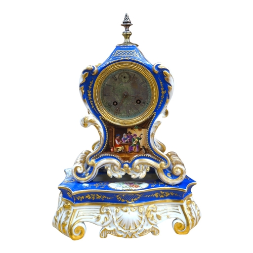 443 - A French Paris porcelain waisted clock, striking on a bell, raised on original matching stand in the... 