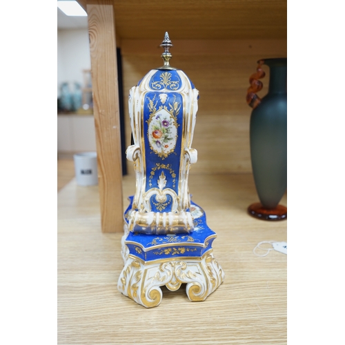 443 - A French Paris porcelain waisted clock, striking on a bell, raised on original matching stand in the... 