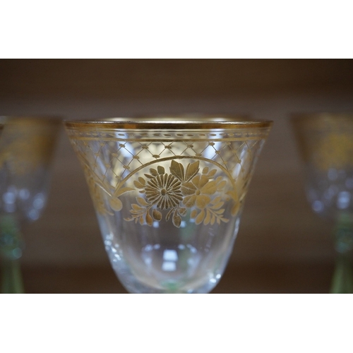 444 - A set of six Bohemian wine glasses with ornate gilt decorated bowls, height 19cm. Condition - good... 