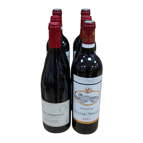 447 - Three bottles of Crozes-Hermitage 2013 and three bottles of Chateau Chase-Spleen 2003. Condition - g... 