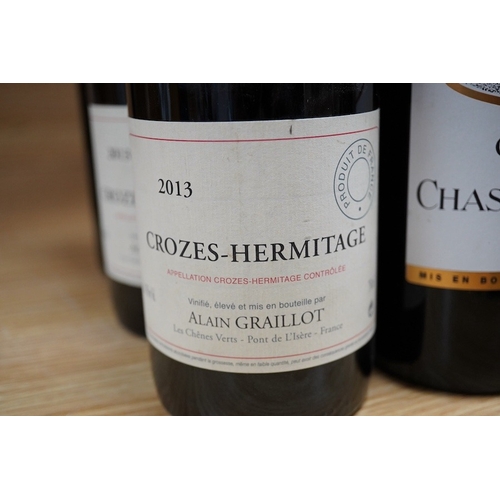 447 - Three bottles of Crozes-Hermitage 2013 and three bottles of Chateau Chase-Spleen 2003. Condition - g... 