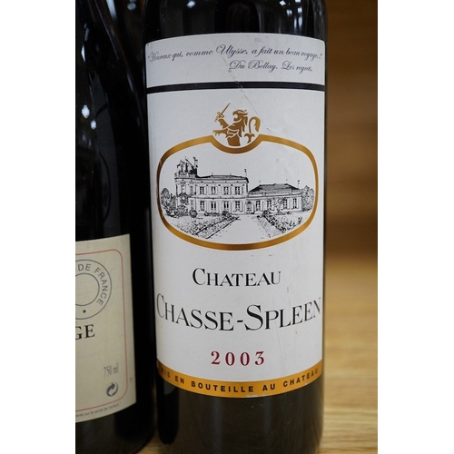 447 - Three bottles of Crozes-Hermitage 2013 and three bottles of Chateau Chase-Spleen 2003. Condition - g... 