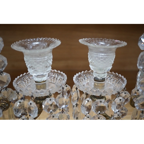 449 - A pair of 19th century cut glass lustre drop candelabra, 42cm high. Condition - fair to good