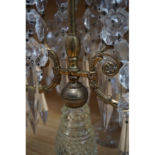 449 - A pair of 19th century cut glass lustre drop candelabra, 42cm high. Condition - fair to good