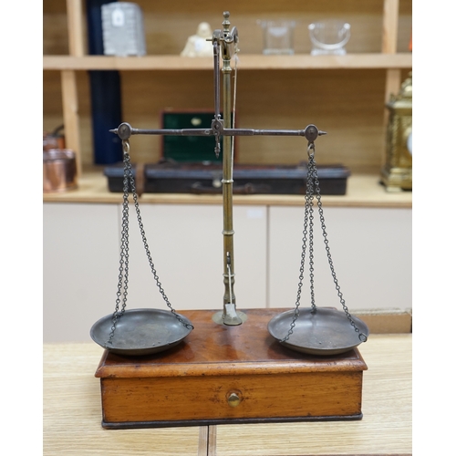 450 - A set of Victorian mahogany and brass beam scales, by Avery, with a repair letter dated 1940 include... 