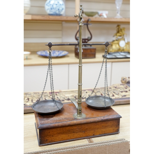 450 - A set of Victorian mahogany and brass beam scales, by Avery, with a repair letter dated 1940 include... 