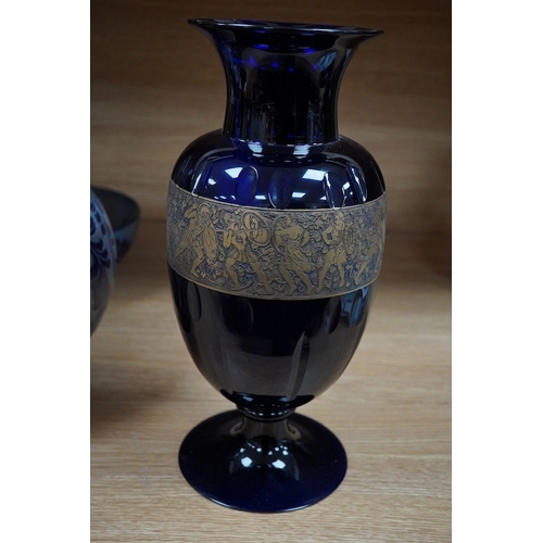 455 - A signed Moser amethyst glass vase, early 20th century together with a German salt glazed jug and bo... 