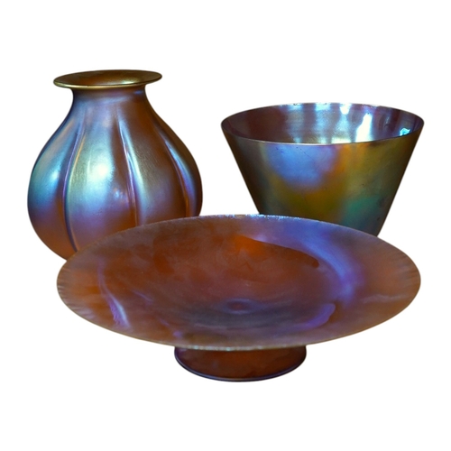 464 - Two WMF Myra iridescent glass vases and a similar tazza, largest 24cm diameter. Condition - tazza ch... 