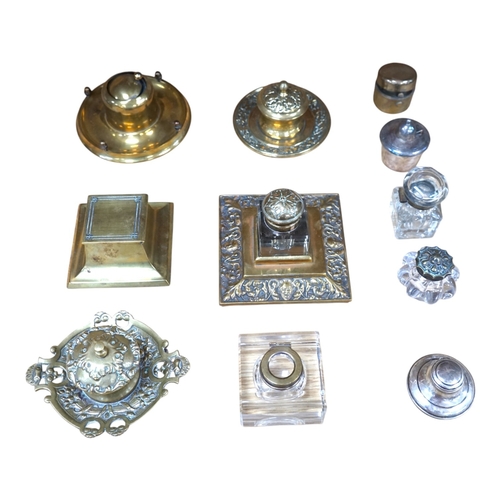 468 - Eleven various 19th century and later inkwells, mostly brass. Condition - varies