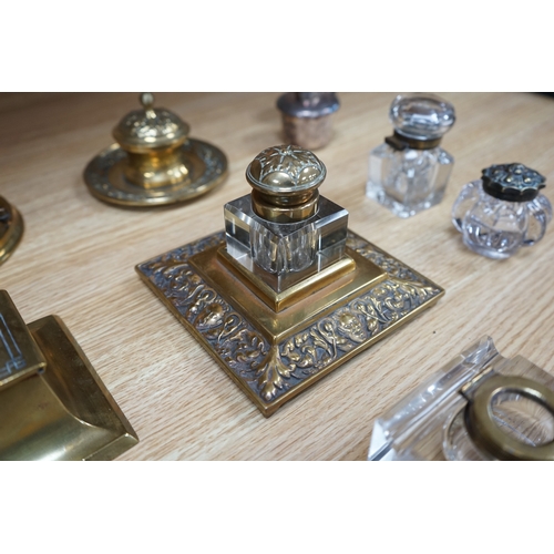 468 - Eleven various 19th century and later inkwells, mostly brass. Condition - varies