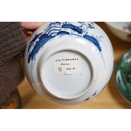 488 - Chinese porcelain to include a famille noire dish and Imari bowl together with an 18th century Engli... 