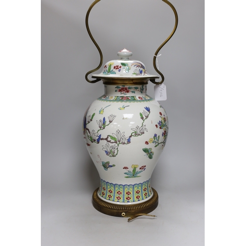 493 - A Chinese famille vase and cover, converted to a two light lamp, 75cms high including fitting. Condi... 