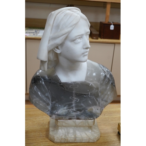 503 - A French variegated alabaster bust of a young woman, 47cm high. Condition - scratch to top side of l... 