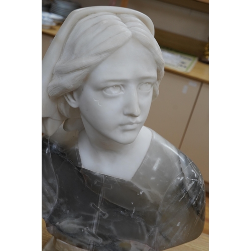 503 - A French variegated alabaster bust of a young woman, 47cm high. Condition - scratch to top side of l... 