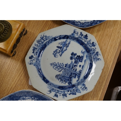 505 - Five 18th century Chinese Export blue and white plates, largest 24cm diameter. Condition - all have ... 