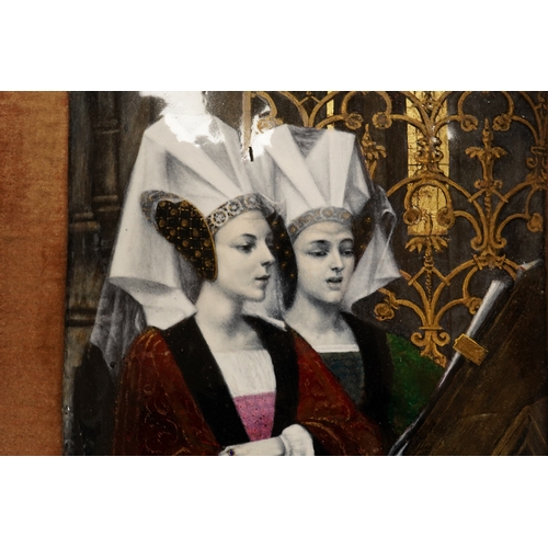 507 - A framed French figural enamel plaque of a religious Renaissance scene of two ladies singing, plaque... 