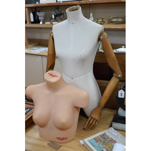 508 - An unusual half female mannequin (cloth covered) with carved wooden jointed arms, hands and fingers ... 