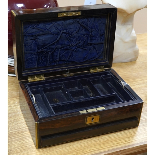 514 - A Victorian brass bound coromandel wood jewellery casket, with velvet lined lid, a fitted leather an... 