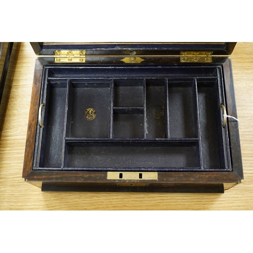 514 - A Victorian brass bound coromandel wood jewellery casket, with velvet lined lid, a fitted leather an... 