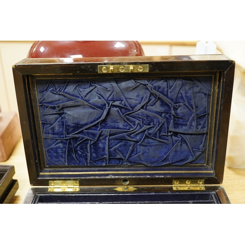 514 - A Victorian brass bound coromandel wood jewellery casket, with velvet lined lid, a fitted leather an... 