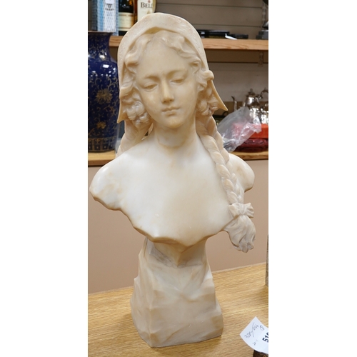 515 - A French alabaster bust of a girl with long plait wearing a hat, signed on the back of pedestal, 54c... 