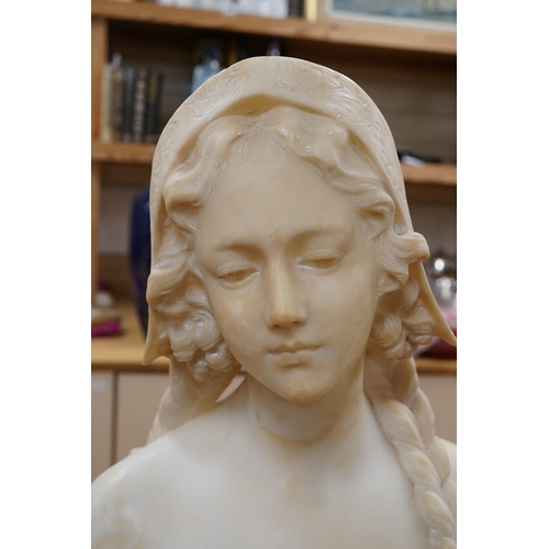 515 - A French alabaster bust of a girl with long plait wearing a hat, signed on the back of pedestal, 54c... 