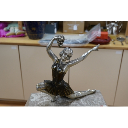 517 - A French Art Deco clock garniture of mixed marble with chromed and painted spelter female dancer sur... 