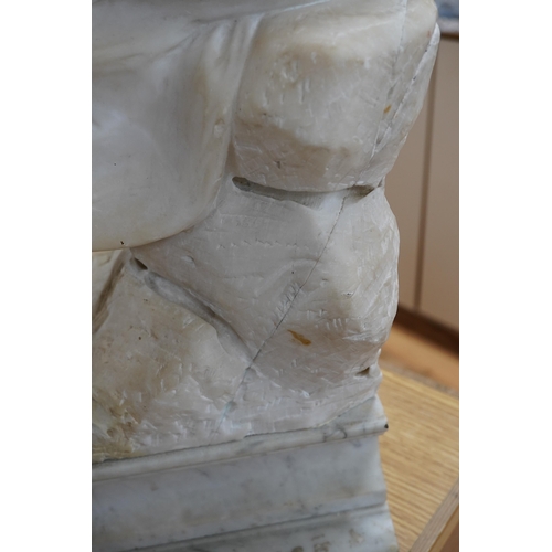 519 - A French 1920s-30s alabaster sculpture of a lady seated on a stone wall, sculpture mounted on a ma... 