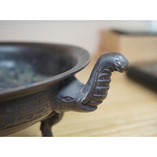 521 - A Chinese archaistic bronze tripod elephant head censer, Xuande mark, 19th century, 24cm handle to... 