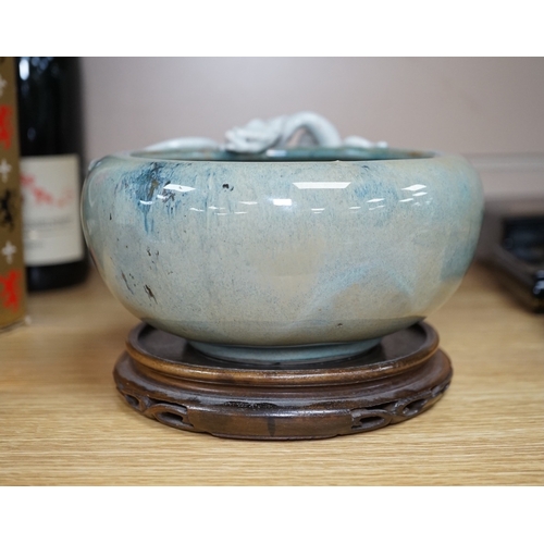 526 - A Japanese Sumidagawa ware dragon bowl, Meiji period, signed Ishiguro Koko, wood stand. Condition ... 