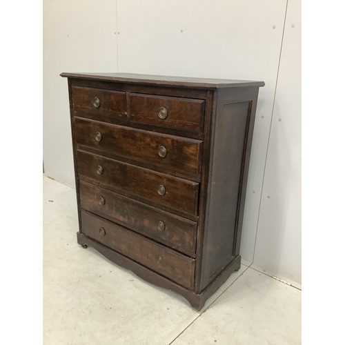 53 - An early 20th century oak chest of drawers, width 96cm, depth 47cm, height 108cm. Condition - fair... 