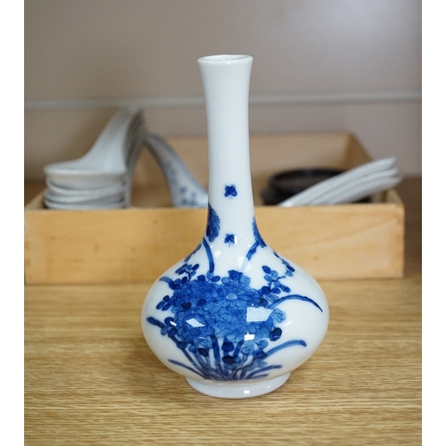 535 - A small Chinese porcelain blue and white vase, Republic period, on a hardwood stand and various soup... 