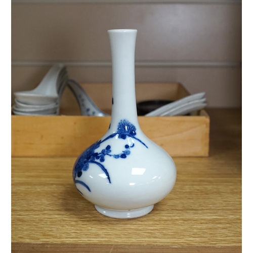 535 - A small Chinese porcelain blue and white vase, Republic period, on a hardwood stand and various soup... 