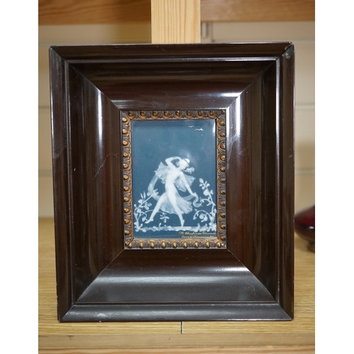 538 - A framed Limoges blue and white pate-sur-pate plaque of a dancing fairy, signed Descomps, plaque 7cm... 