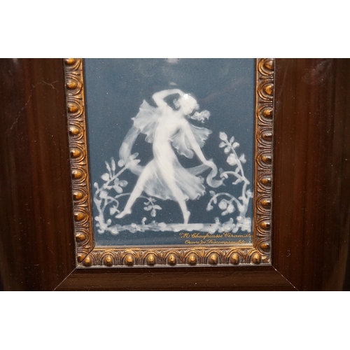 538 - A framed Limoges blue and white pate-sur-pate plaque of a dancing fairy, signed Descomps, plaque 7cm... 