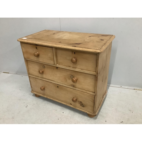 54 - A small Victorian stripped pine chest of drawers, width 85cm, depth 45cm, height 73cm. Condition - f... 