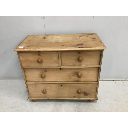 54 - A small Victorian stripped pine chest of drawers, width 85cm, depth 45cm, height 73cm. Condition - f... 